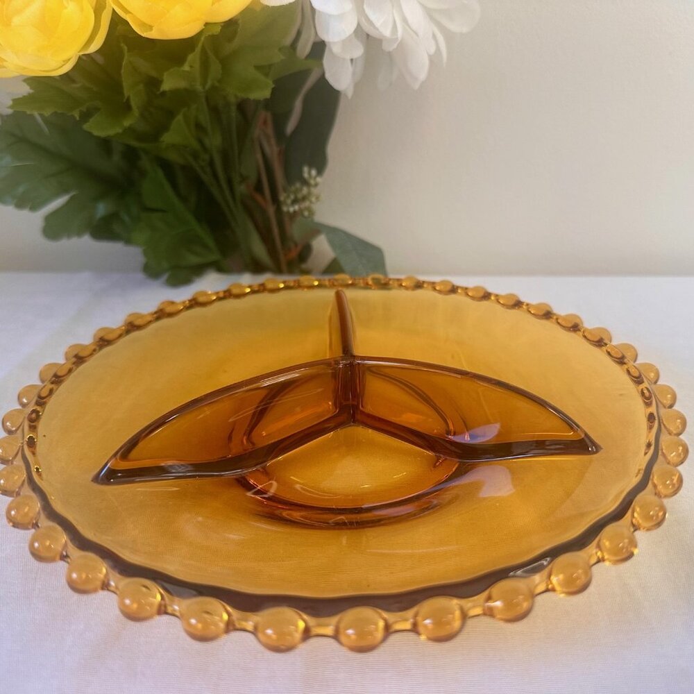 Vintage Amber Divided Relish Dish Candlewick Style Bohemian Glass MCM Serving